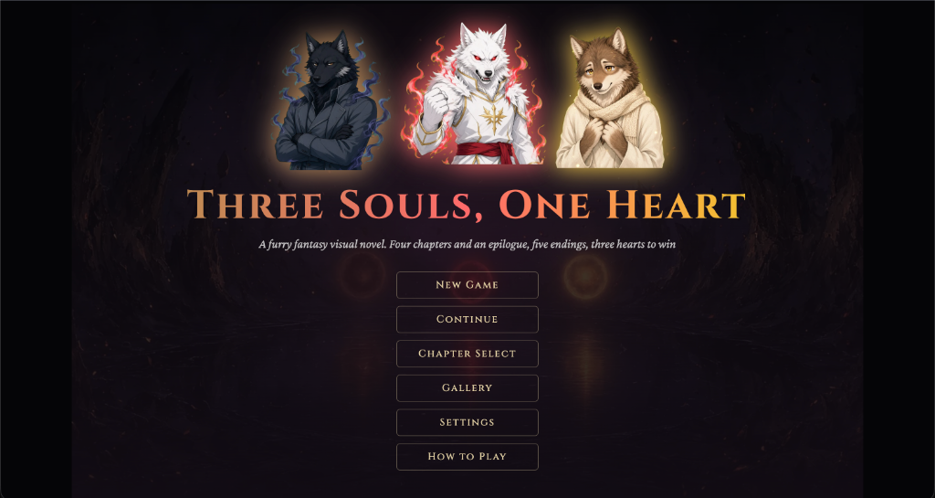 Three Souls, One Heart Visual Novel Main Screen